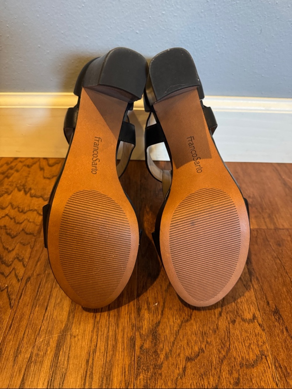 Franco Sarto Women's Black T-Strap High Heel Sandals with Front Zip - Picture 4 of 4